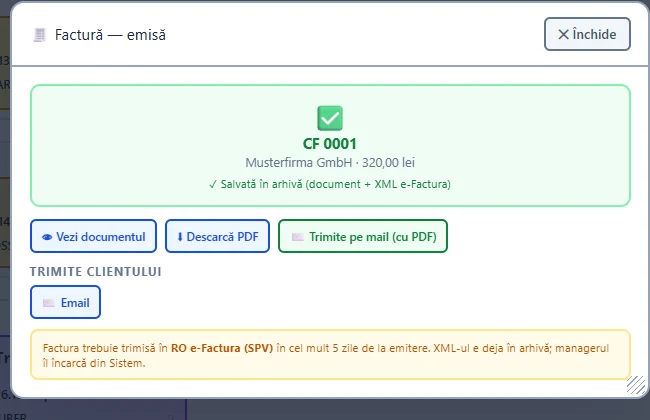 Factura salvată în arhivă, cu XML pentru e-Factura
